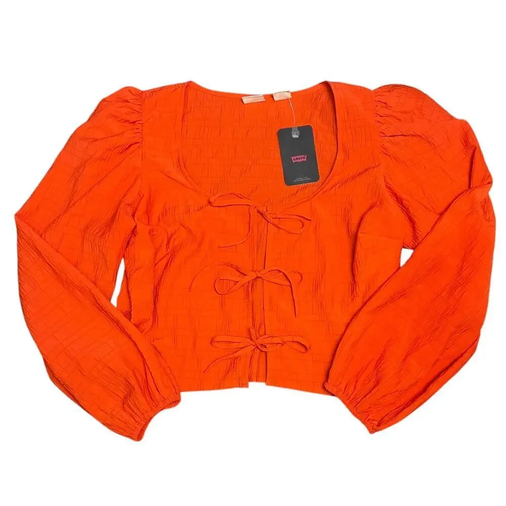 NWT Levi's Embry Tie Front Orange Puff Sleeve Blouse Levis Boho Top size Medium - Picture 3 of 7